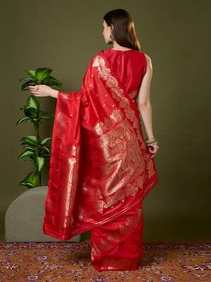 Red color silk blend zari woven work saree 4