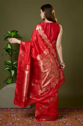 Red color silk blend zari woven work saree