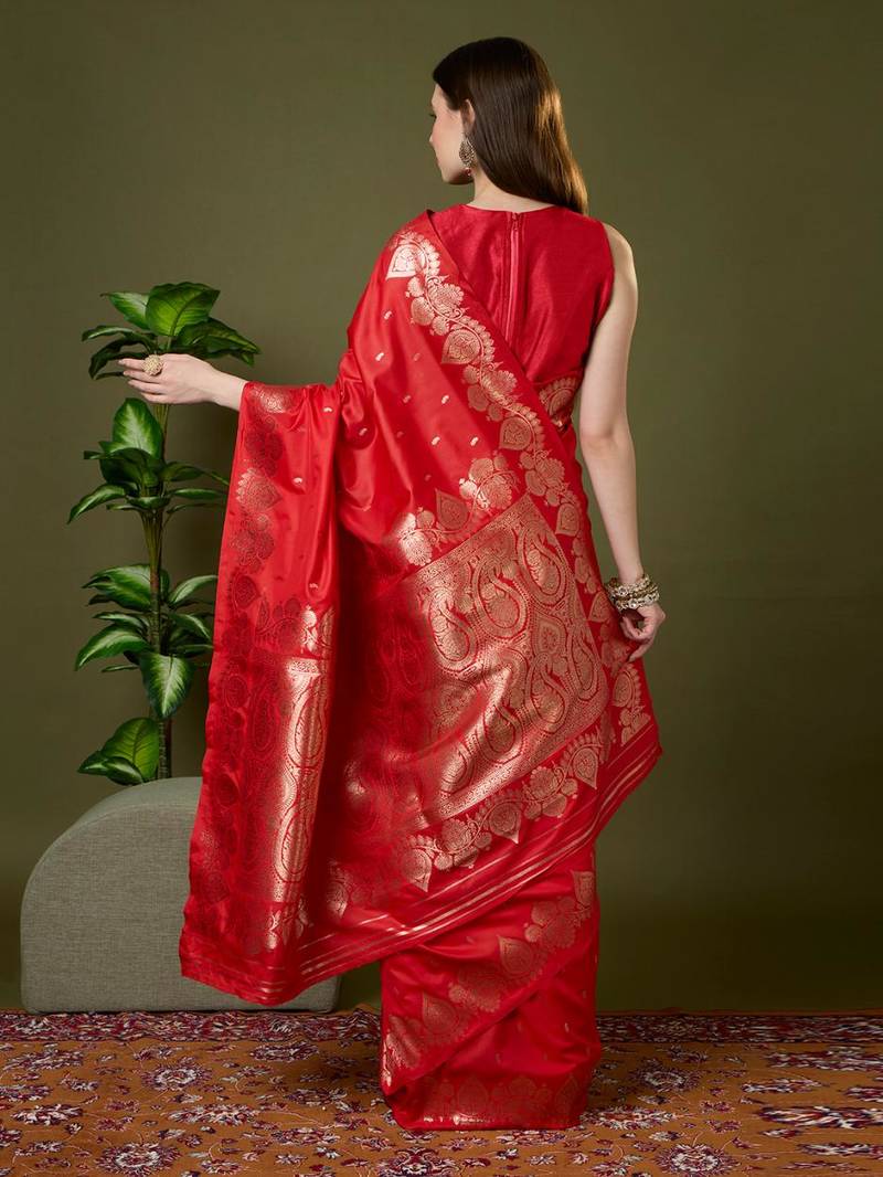 Red color silk blend zari woven work saree