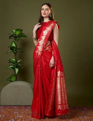 Red color silk blend zari woven work saree 5