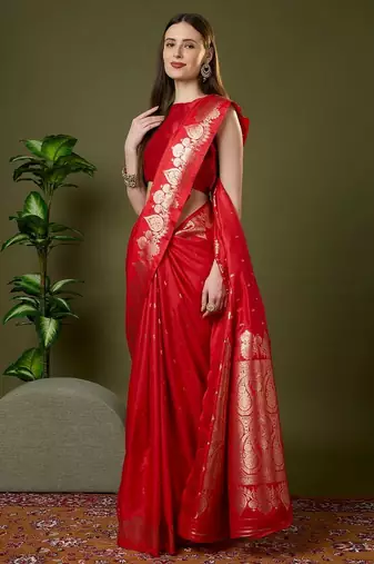 Red color silk blend zari woven work saree