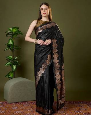 Navy color silk blend zari woven work saree 1