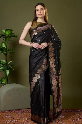Navy color silk blend zari woven work saree