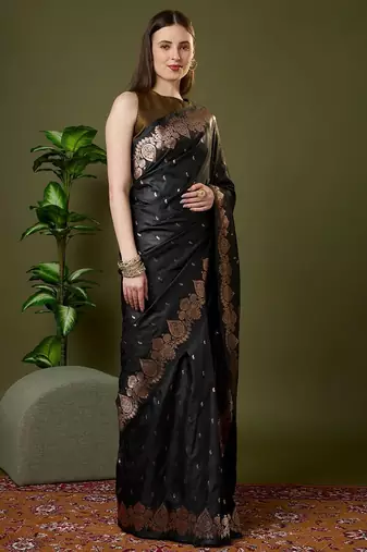 Navy color silk blend zari woven work saree