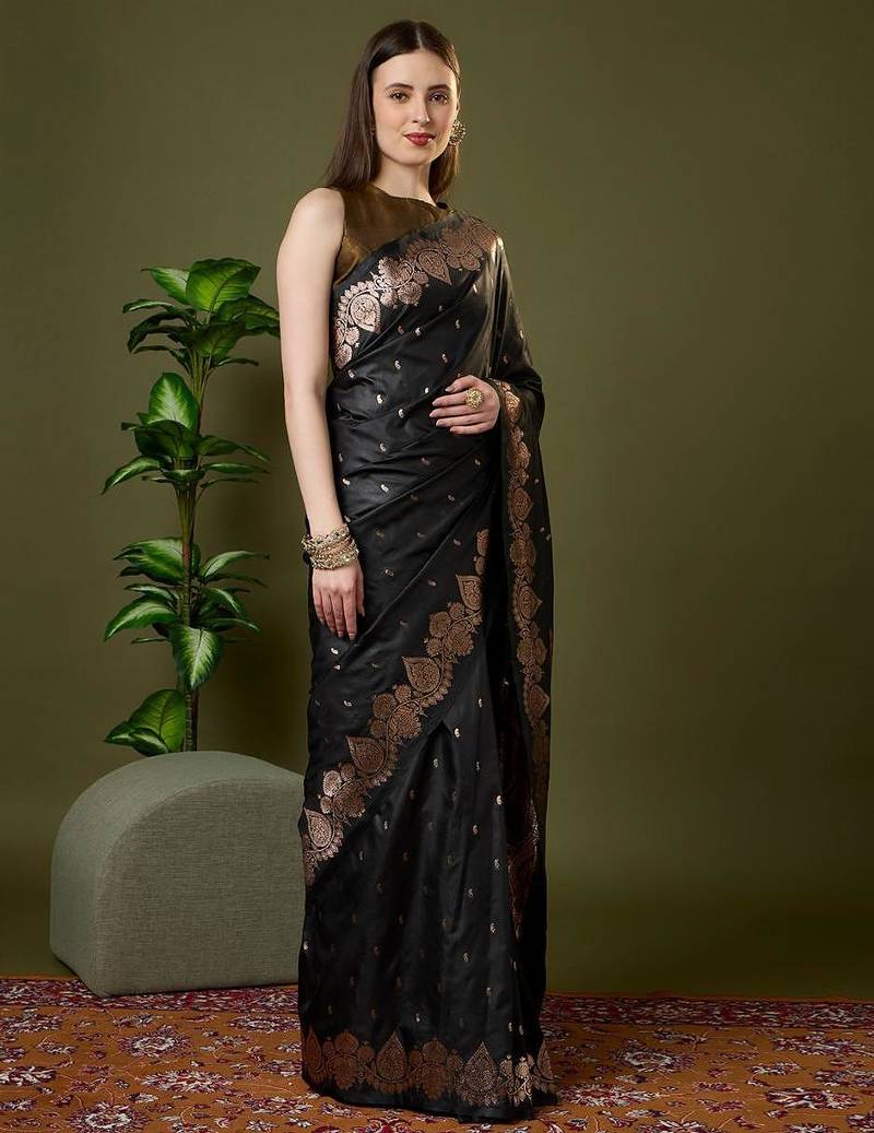 Navy color silk blend zari woven work saree