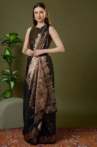 Navy color silk blend zari woven work saree