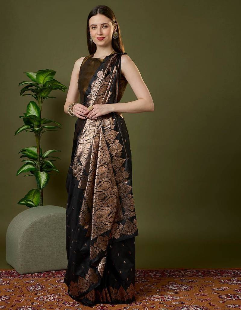 Navy color silk blend zari woven work saree