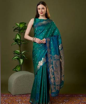 Sea green color silk blend zari woven work saree 1