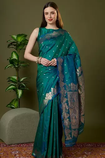 Sea green color silk blend zari woven work saree