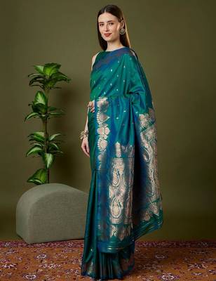 Sea green color silk blend zari woven work saree 2