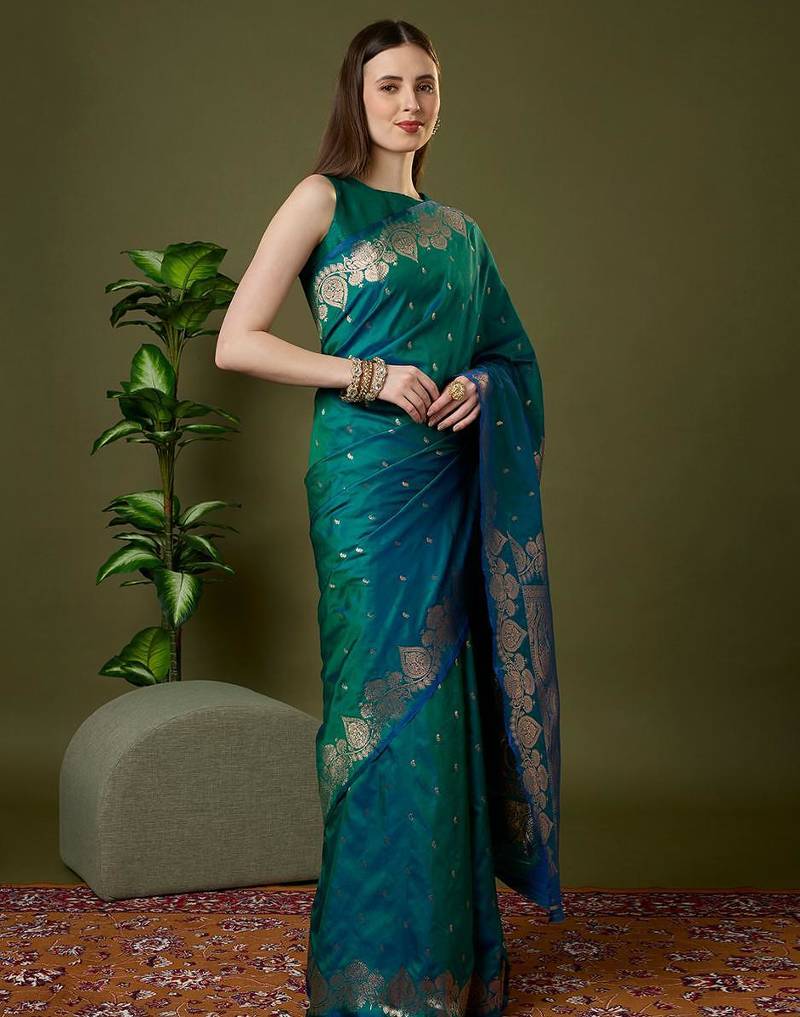 Sea green color silk blend zari woven work saree