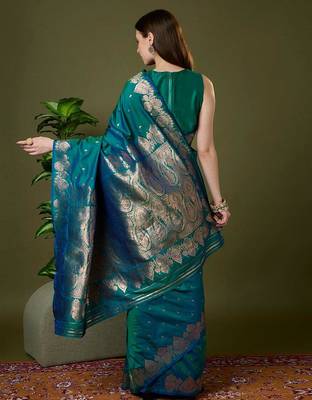 Sea green color silk blend zari woven work saree 4