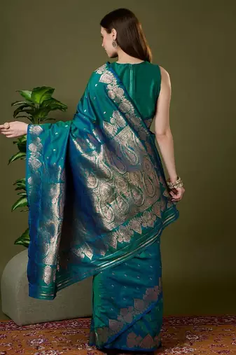 Sea green color silk blend zari woven work saree