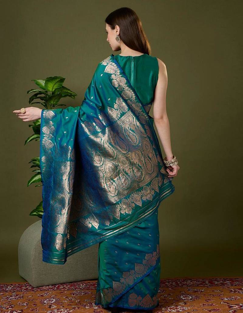 Sea green color silk blend zari woven work saree