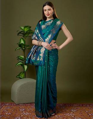 Sea green color silk blend zari woven work saree 5