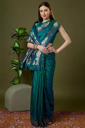 Sea green color silk blend zari woven work saree