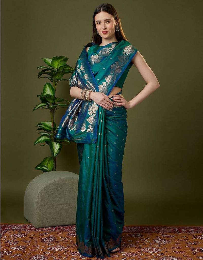 Sea green color silk blend zari woven work saree