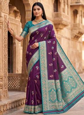 Purple color silk blend zari woven work sari -un stitched blouse 1