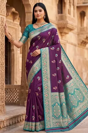 Purple color silk blend zari woven work sari -un stitched blouse