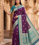 Purple color silk blend zari woven work sari -un stitched blouse