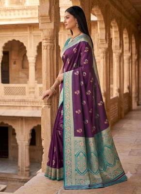 Purple color silk blend zari woven work sari -un stitched blouse 2