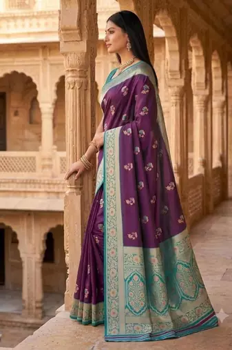 Purple color silk blend zari woven work sari -un stitched blouse