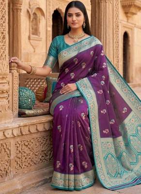Purple color silk blend zari woven work sari -un stitched blouse 3