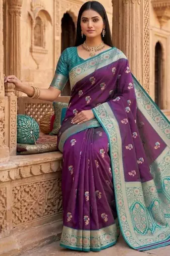 Purple color silk blend zari woven work sari -un stitched blouse