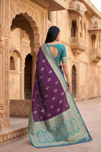 Purple color silk blend zari woven work sari -un stitched blouse