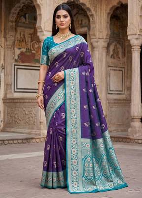Blue color silk blend zari woven work sari -un stitched blouse 1