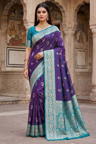 Blue color silk blend zari woven work sari -un stitched blouse