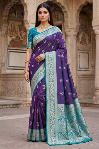 Blue color silk blend zari woven work sari -un stitched blouse