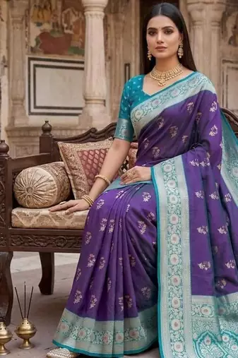 Blue color silk blend zari woven work sari -un stitched blouse