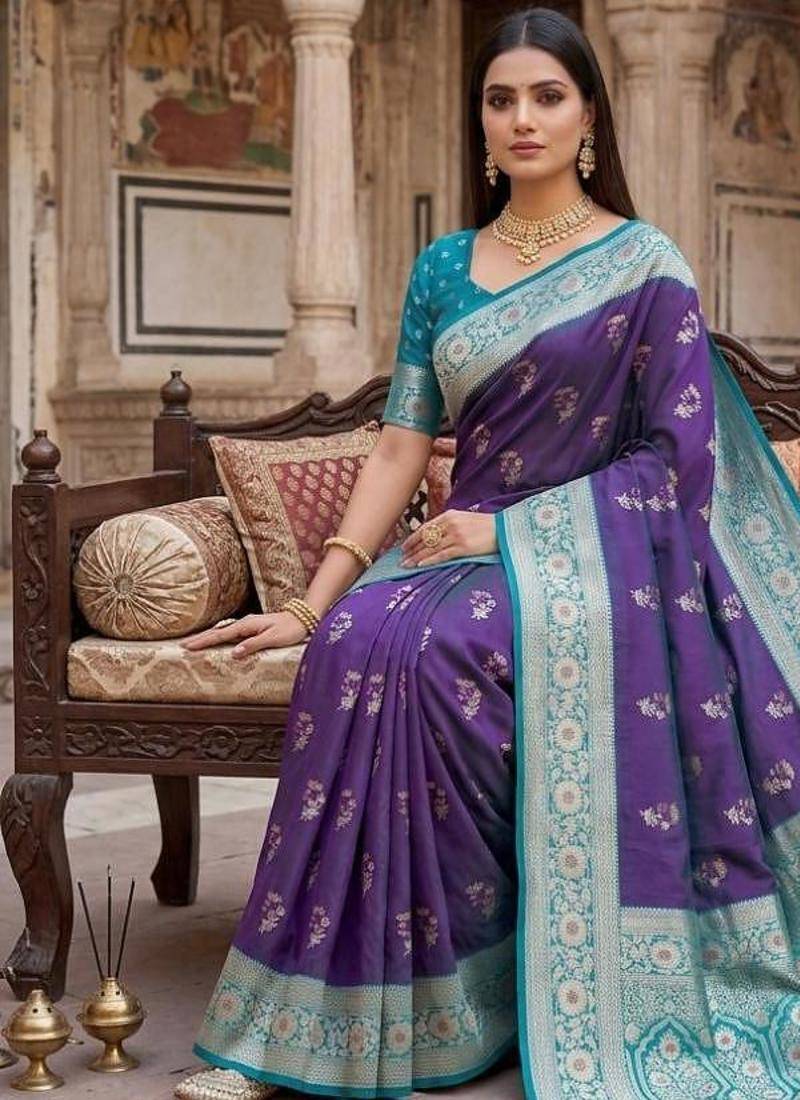 Blue color silk blend zari woven work sari -un stitched blouse