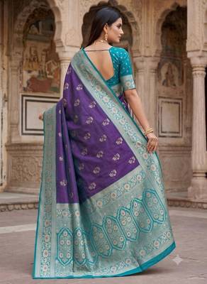 Blue color silk blend zari woven work sari -un stitched blouse 3