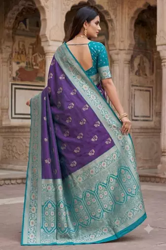 Blue color silk blend zari woven work sari -un stitched blouse