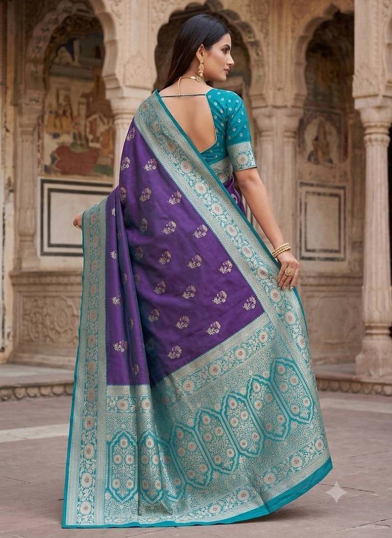 Blue color silk blend zari woven work sari -un stitched blouse