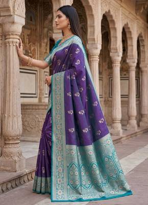 Blue color silk blend zari woven work sari -un stitched blouse 4