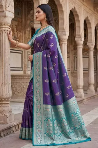Blue color silk blend zari woven work sari -un stitched blouse