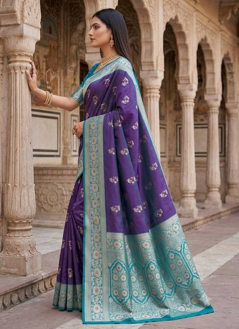 Blue color silk blend zari woven work sari -un stitched blouse