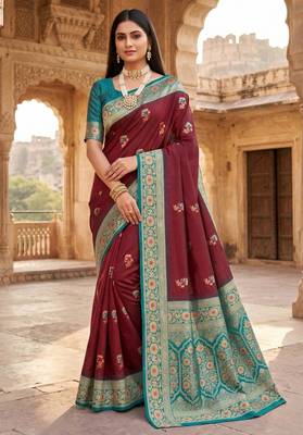 Light brown color silk blend zari woven work sari -un stitched blouse 1