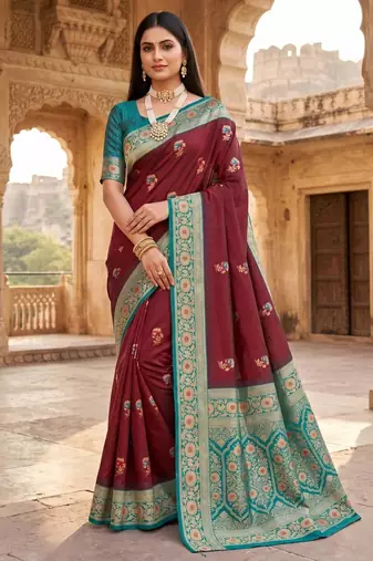 Light brown color silk blend zari woven work sari -un stitched blouse