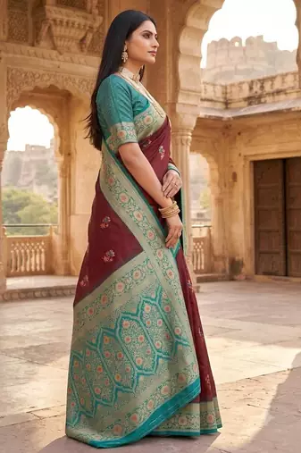 Light brown color silk blend zari woven work sari -un stitched blouse