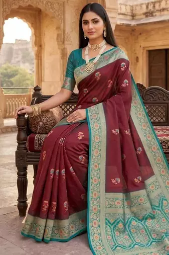 Light brown color silk blend zari woven work sari -un stitched blouse