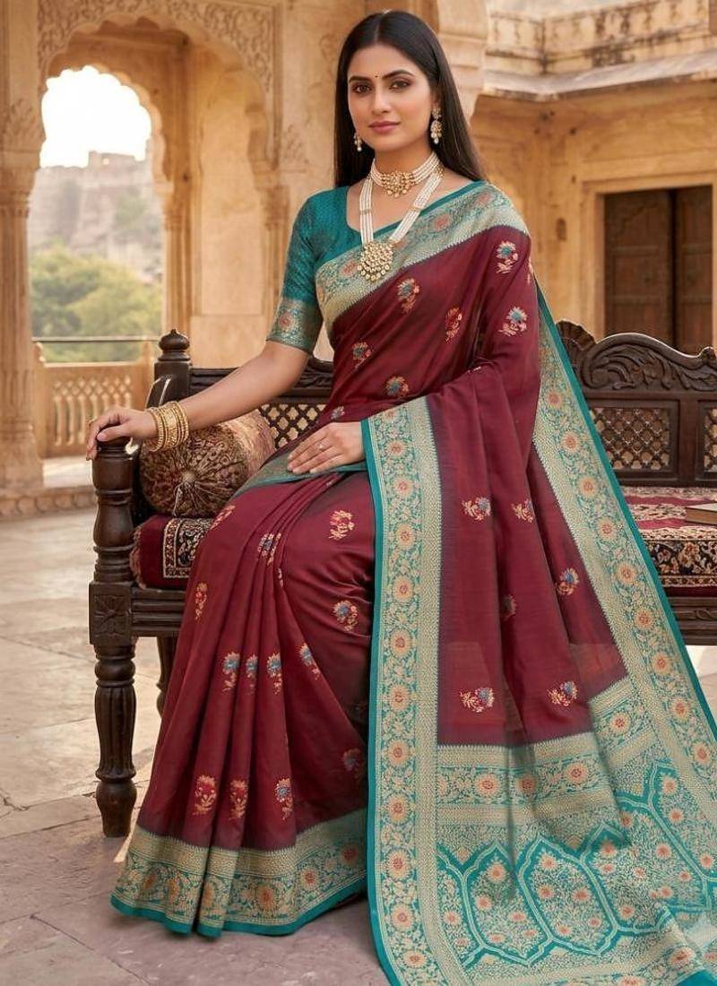 Light brown color silk blend zari woven work sari -un stitched blouse