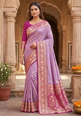 Light levender color silk blend zari woven work sari -un stitched blouse 1