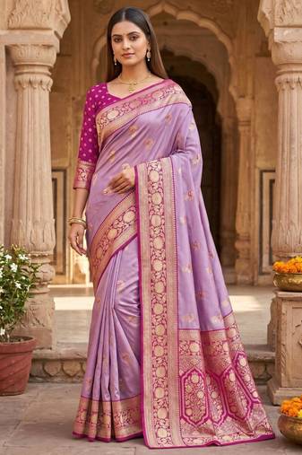 Light levender color silk blend zari woven work sari -un stitched blouse