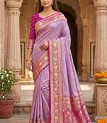 Light levender color silk blend zari woven work sari -un stitched blouse