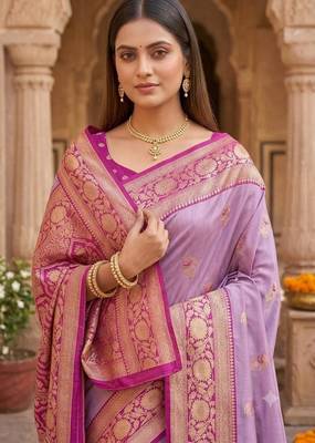 Light levender color silk blend zari woven work sari -un stitched blouse 4