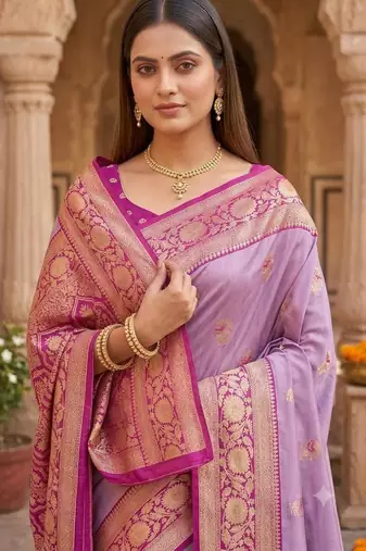 Light levender color silk blend zari woven work sari -un stitched blouse